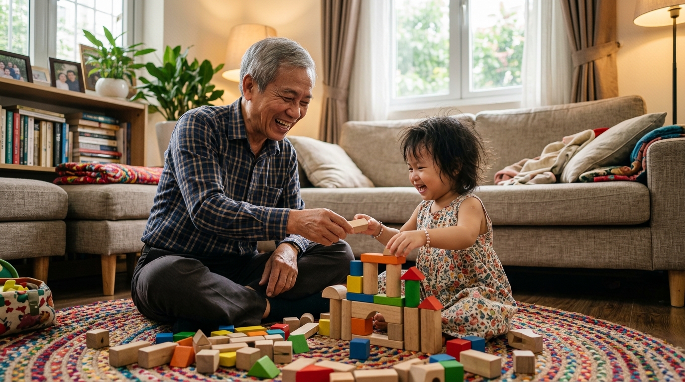 Ông nội và cháu nhỏ chơi trò chơi gỗ cùng nhau vui vẻ
