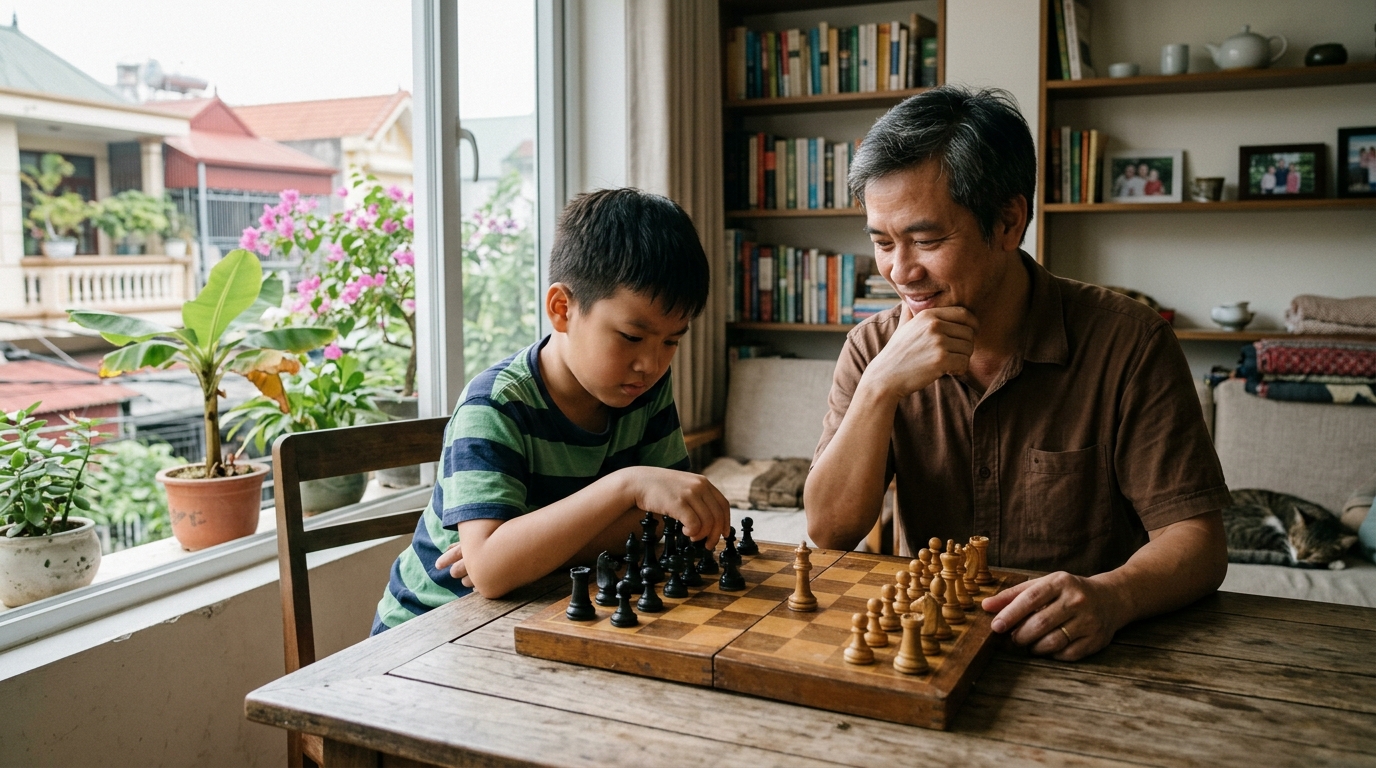 Bố cùng con trai đọc sách và chơi cờ trong phòng học
