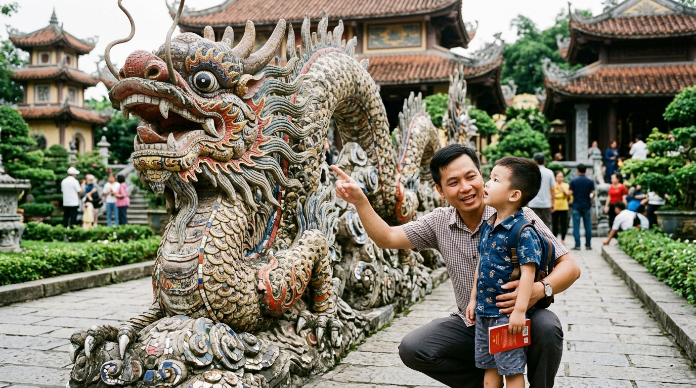 Gia đình đứng trên đồi ngắm cảnh thiên nhiên hùng vĩ