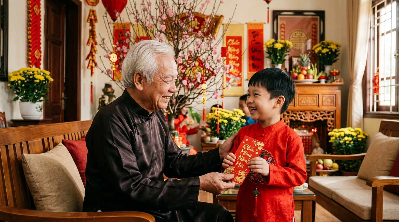 Gia đình quây quần ấm cúng bên bàn ăn ngày Tết
