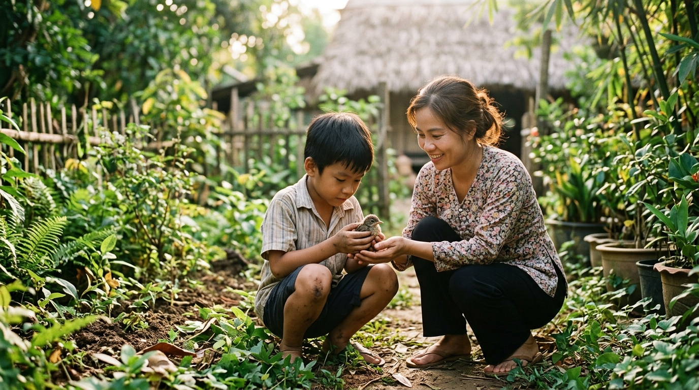 Bố và con trai cho chim ăn tại công viên thanh bình