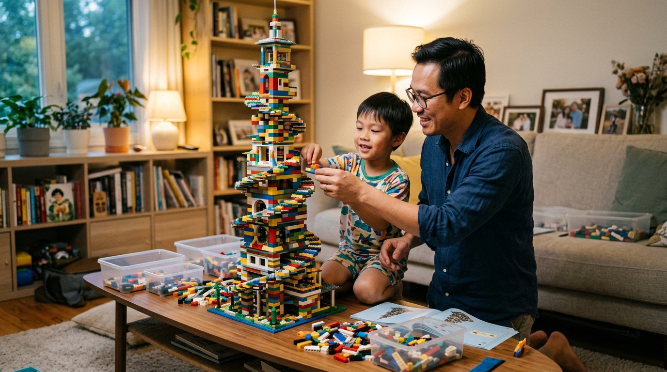 Gia đình chúc mừng em bé hoàn thành mô hình Lego