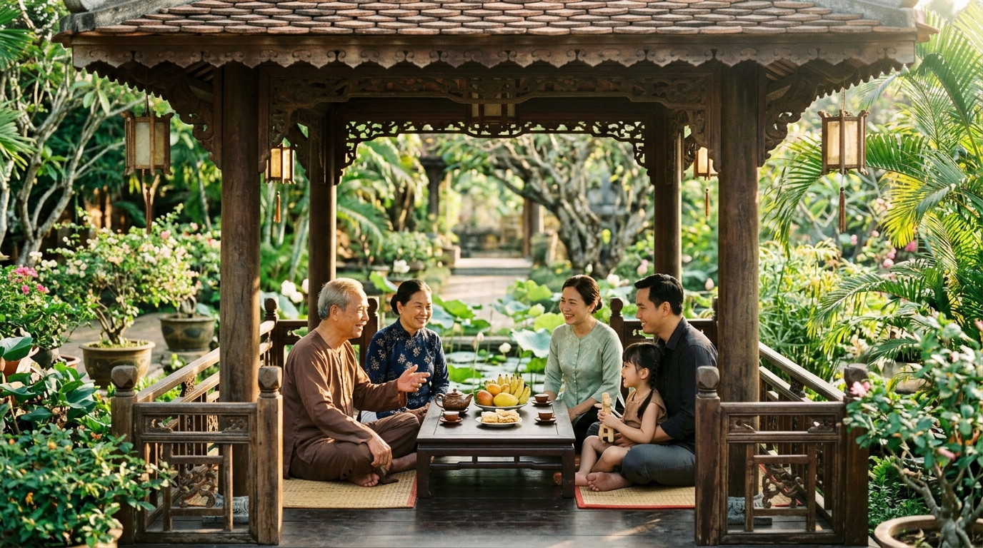 Cả nhà ngồi uống trà chiều trên hiên nhà thanh bình