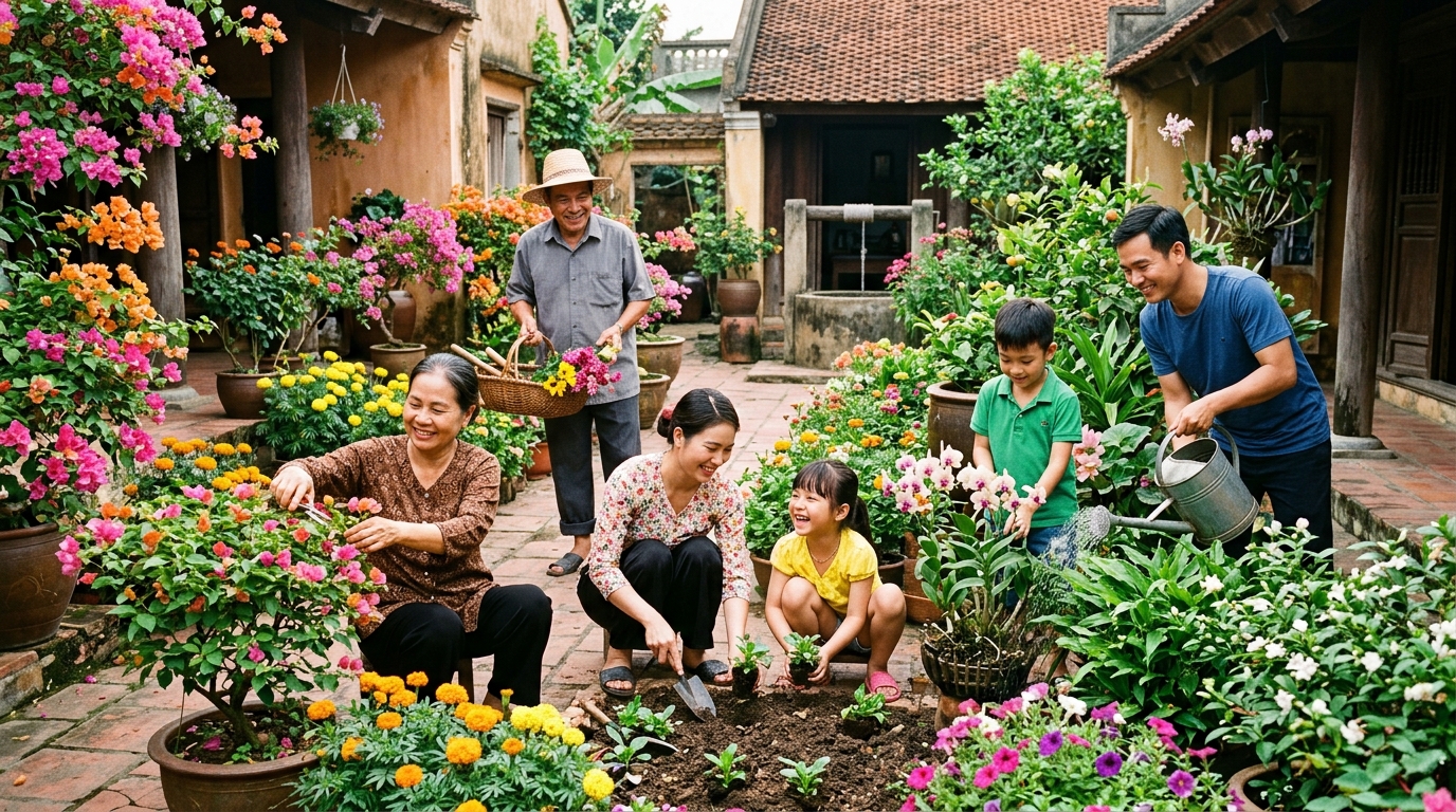 Gia đình chăm sóc khu vườn hoa nở rực rỡ