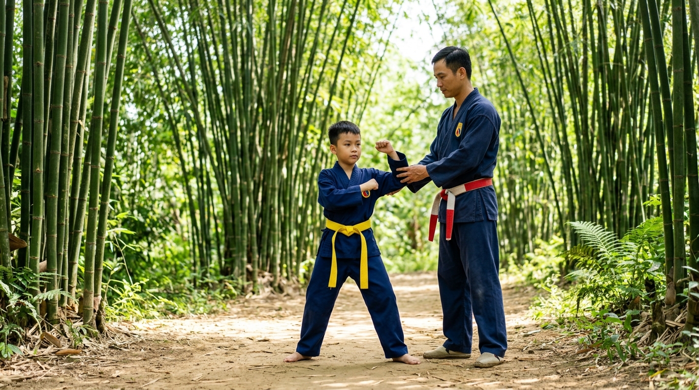 Bố dạy con luyện võ tại khu vườn trúc xanh mát