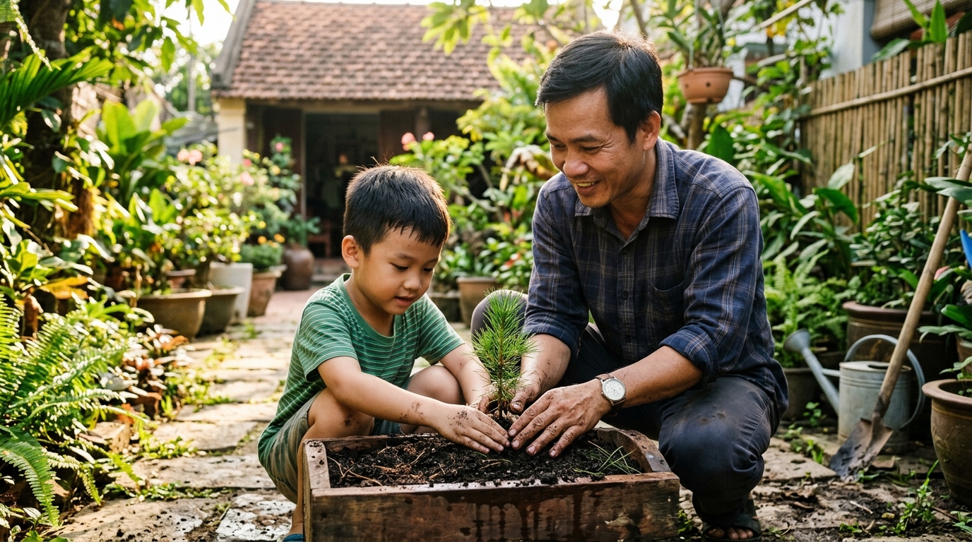 Bố dạy con gieo hạt mầm mớii trong chậu gỗ