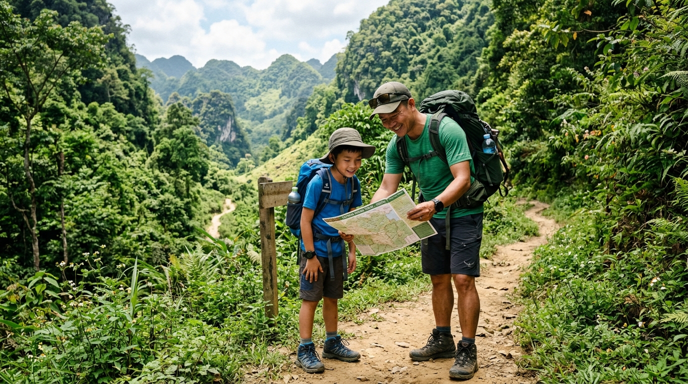 Gia đình đi du lịch khám phá thiên nhiên núi rừng