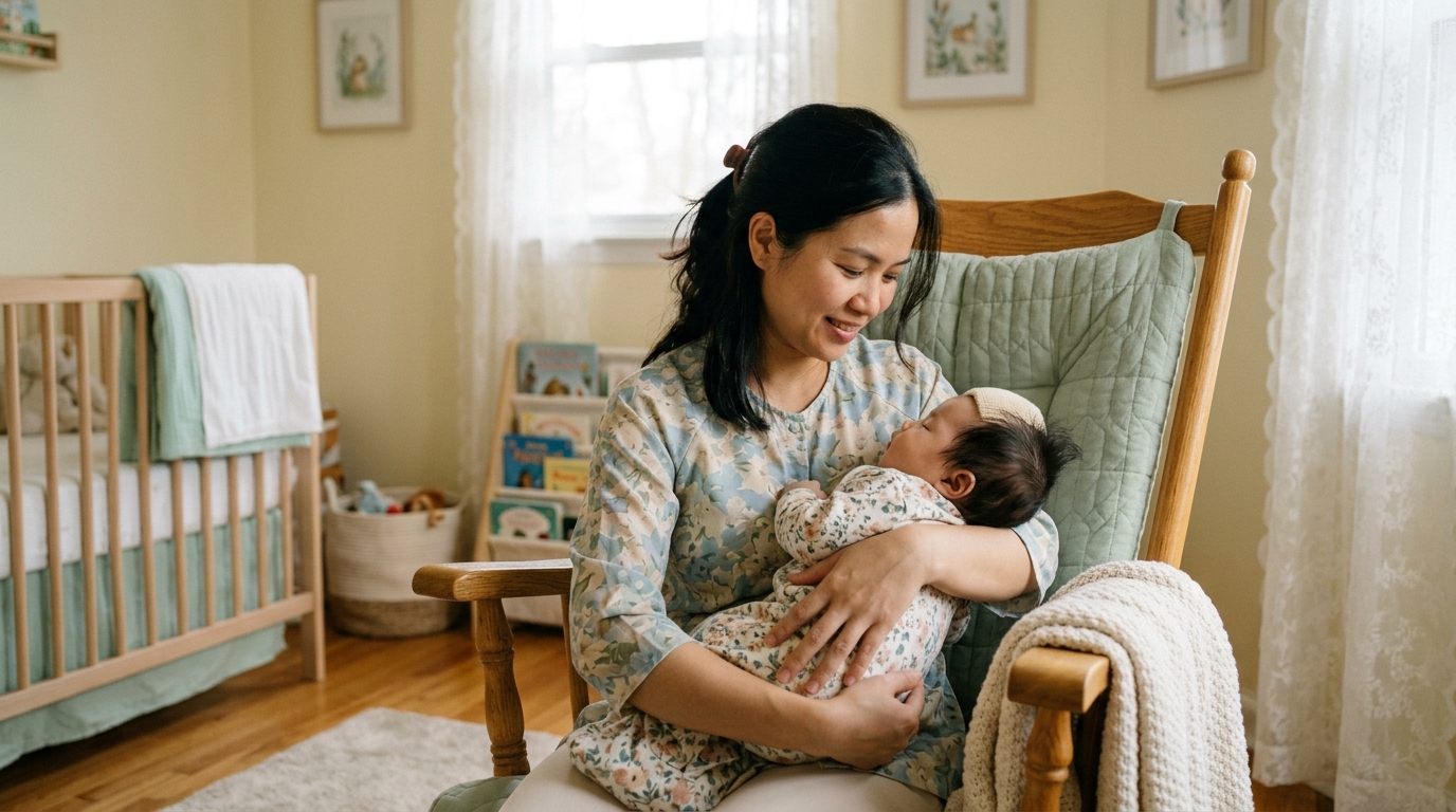 Mẹ Việt Nam ôm con yên bình trong phòng ngủ ấm áp