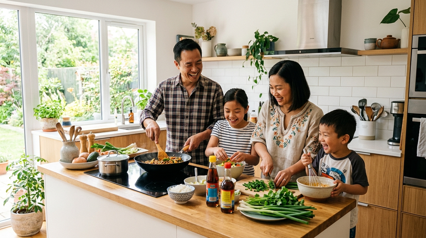 Gia đình Việt Nam nấu ăn cùng nhau trong bếp sáng sủa