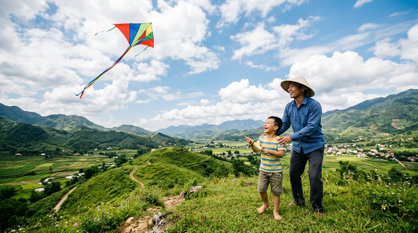 Cha và con trai thả diều trên đồi xanh ngày nắng đẹp