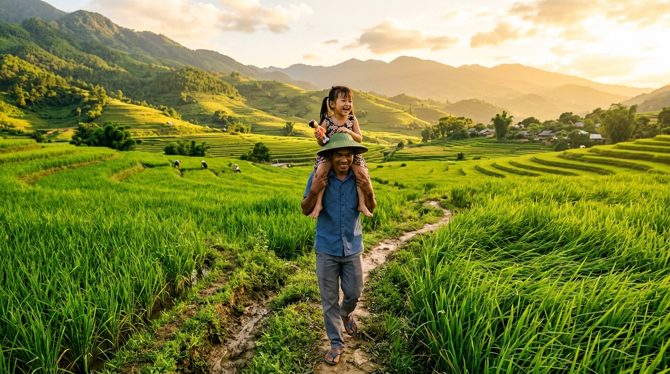 Cha cõng con gái đi qua cánh đồng lúa xanh mướt