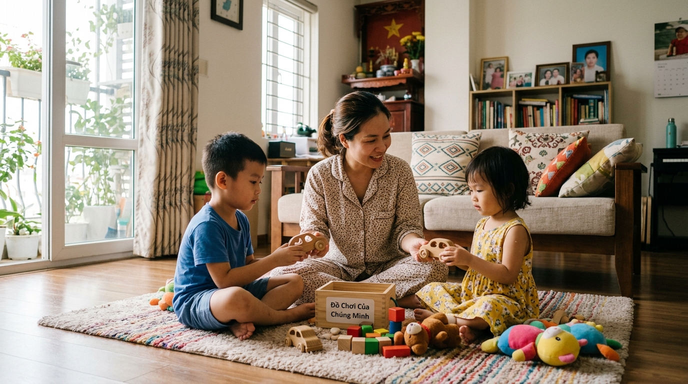 Mẹ Việt Nam dạy con chia sẻ đồ chơi trong phòng khách