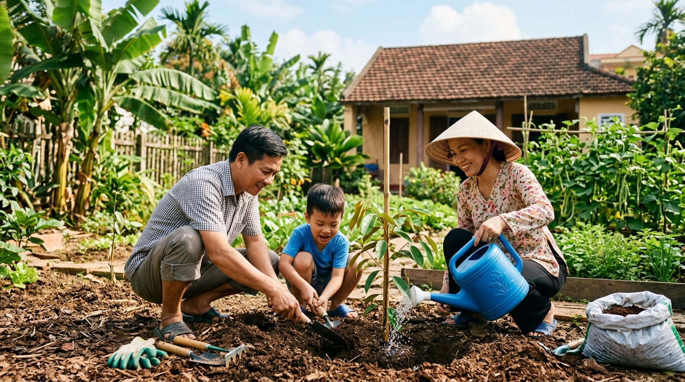Gia đình Việt Nam trồng cây cùng nhau trong vườn nhà