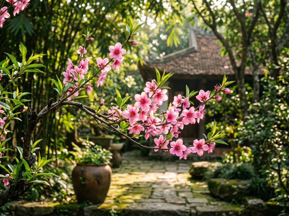 Cành hoa xuân thanh nhã rực rỡ sắc hồng may mắn