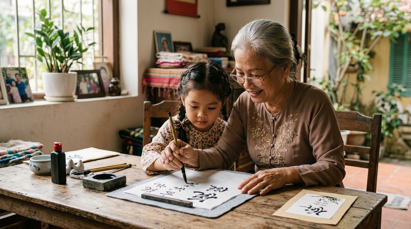 Bà ngoại dạy cháu gái viết thư pháp trong căn phòng ấm cúng