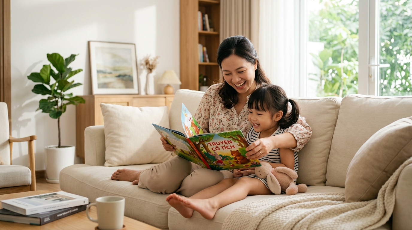 Mẹ và con gái đọc sách cùng nhau trên sofa