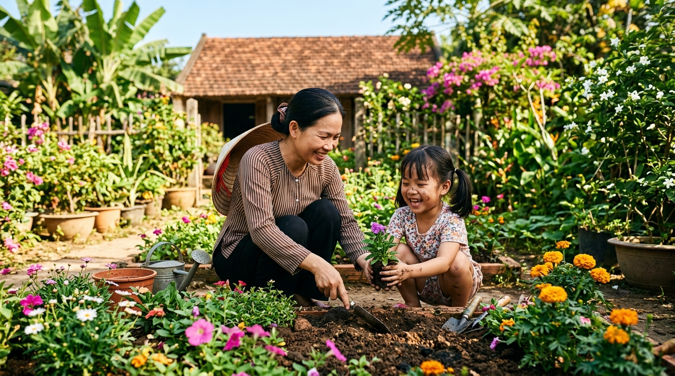Mẹ và con gái trồng hoa trong vườn nhà vào ngày nắng đẹp