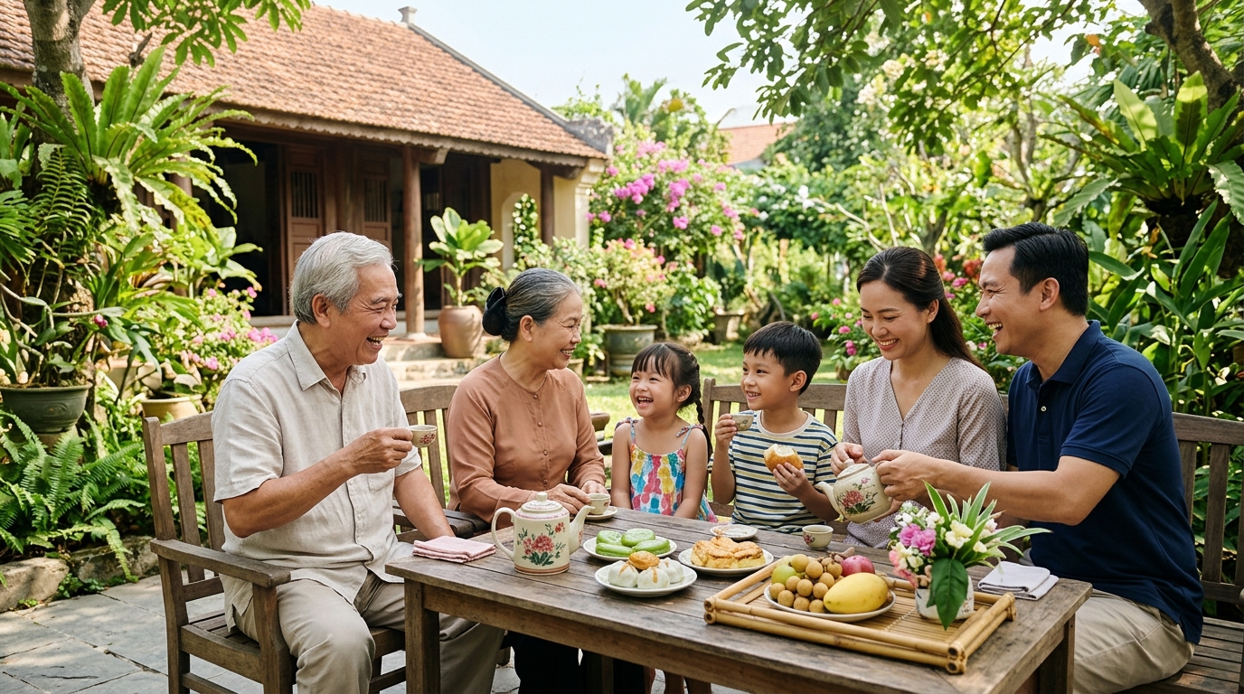 Gia đình Việt Nam thưởng trà chiều cùng nhau trong vườn