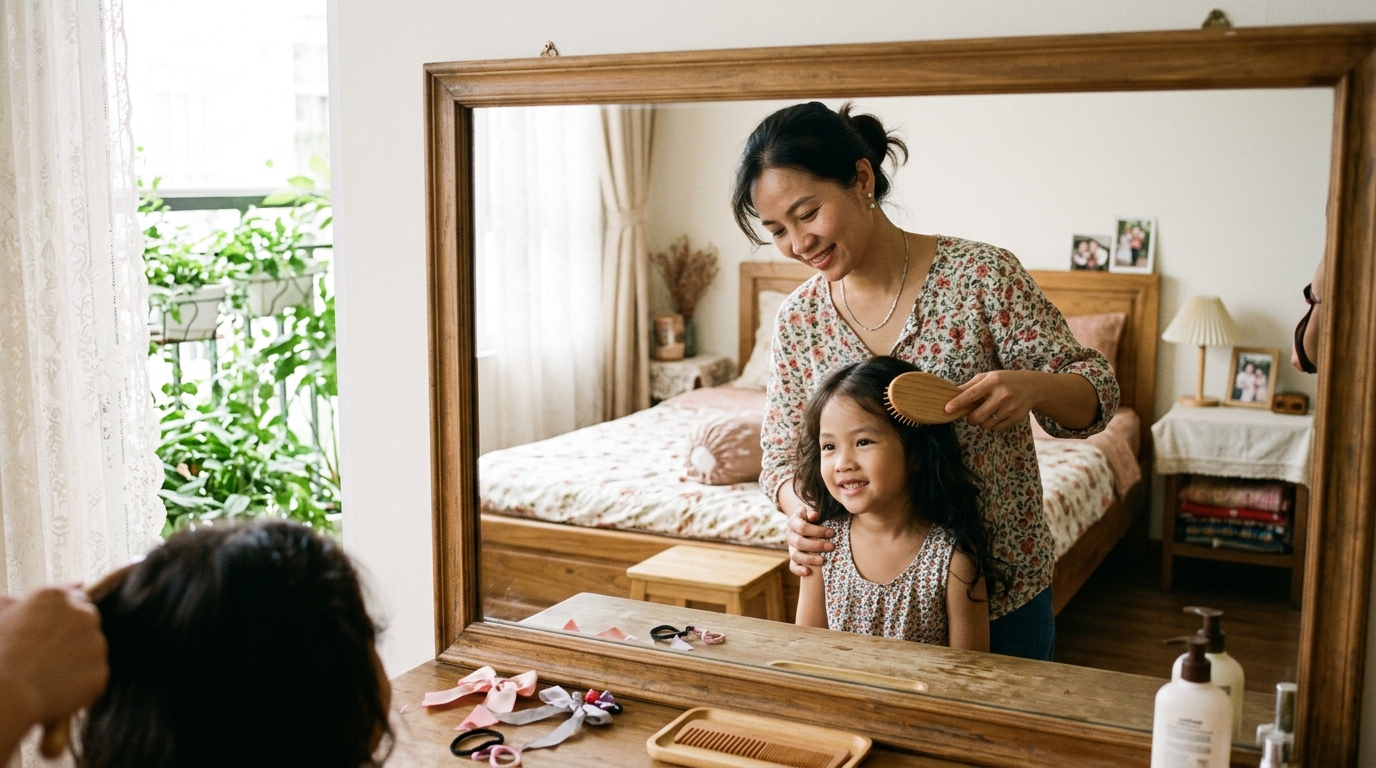 Mẹ Việt Nam chải tóc cho con gái trong phòng ngủ sáng sủa