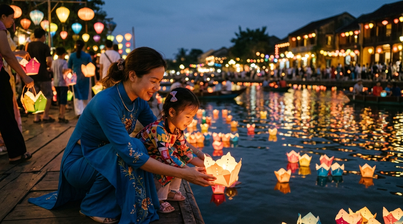 Mẹ và con gái thả đèn hoa đăng trong đêm lễ hội