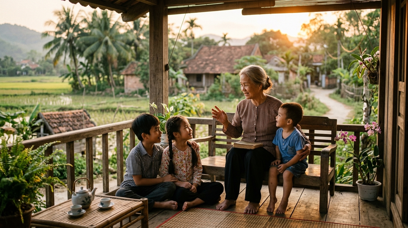 Bà ngoại kể chuyện cho cháu trên hiên nhà buổi chiều