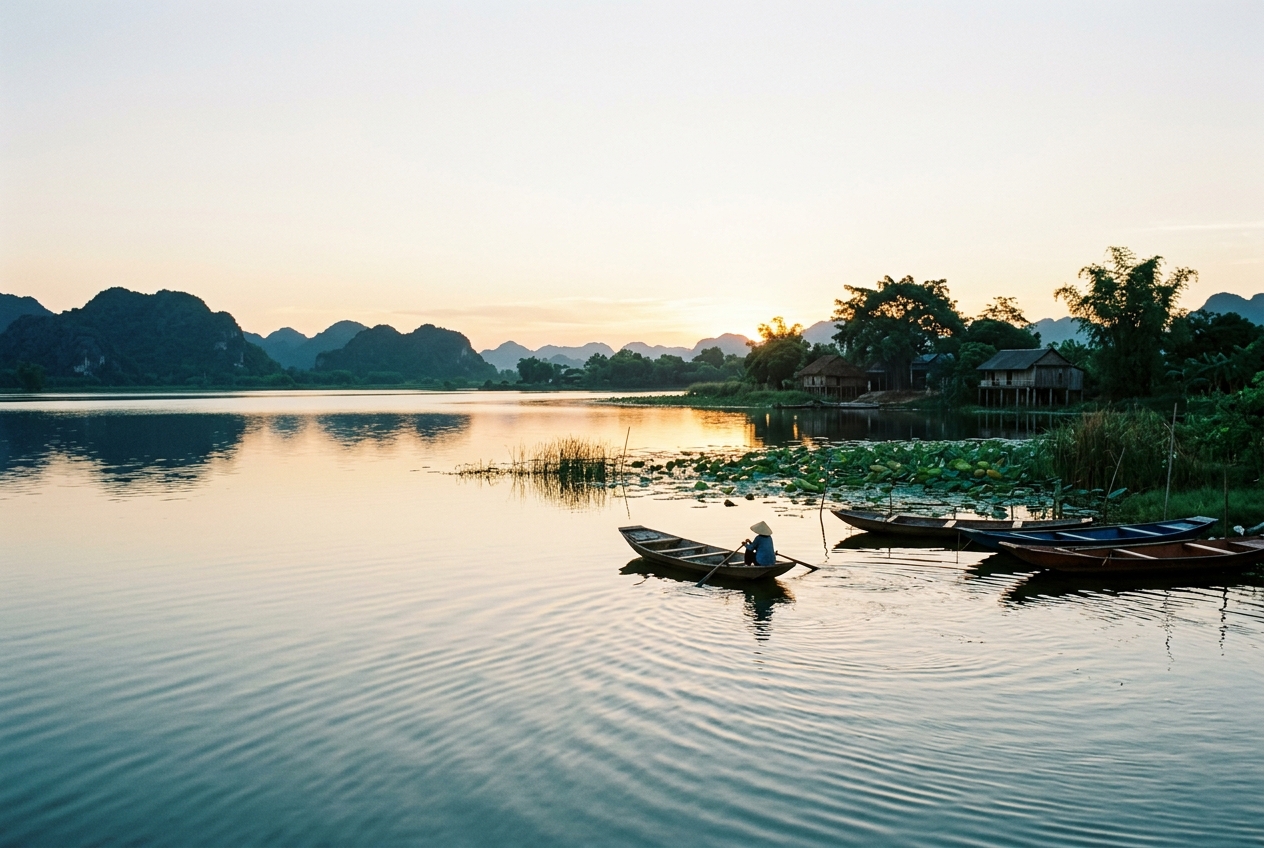 Hình ảnh minh họa ý nghĩa tên An Bình: Bầu trời bình minh phản chiếu trên mặt nước hồ phẳng lặng