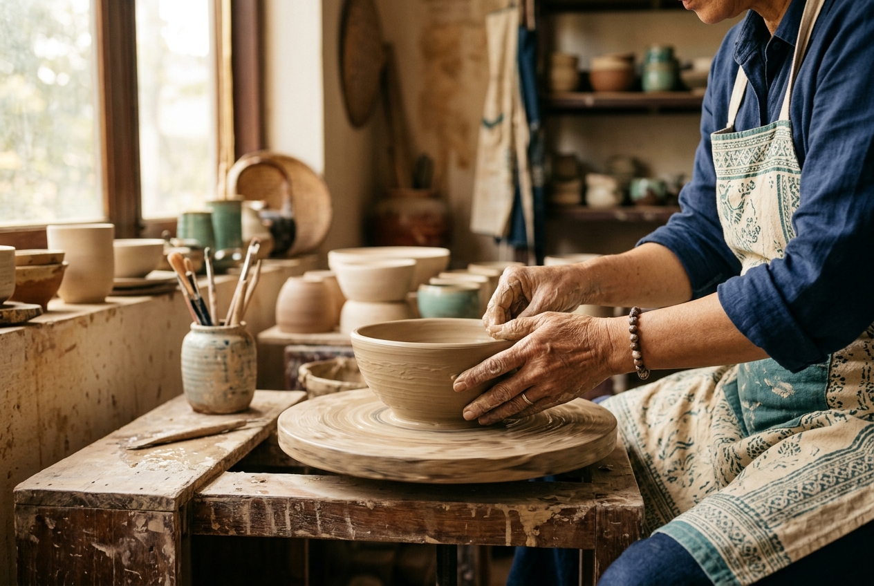 Hình ảnh minh họa ý nghĩa tên An Bình: bàn tay nghệ nhân gốm tạo hình đất sét trên bàn xoay