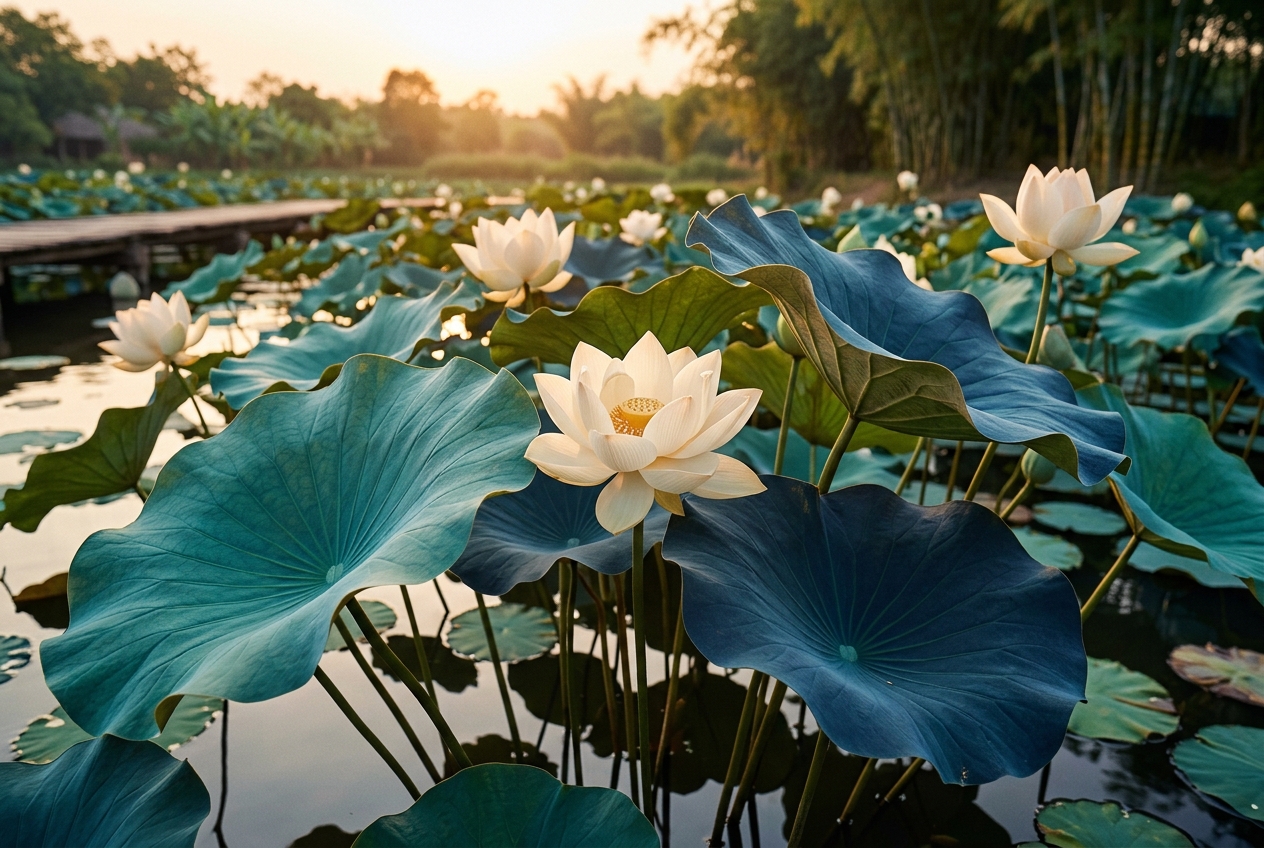 Hình ảnh minh họa ý nghĩa tên An Hạ: Đầm sen nở hoa dưới ánh nắng muộn mùa hè