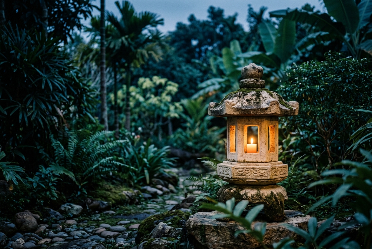 Hình ảnh minh họa ý nghĩa tên An Hằng: Đèn đá tỏa sáng ấm áp trong khu vườn thanh tịnh