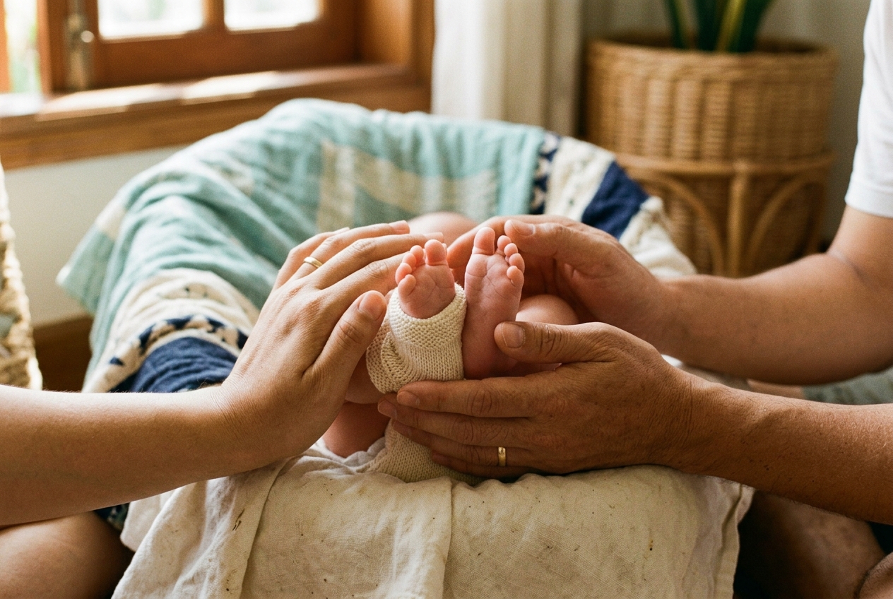 Hình ảnh minh họa ý nghĩa tên An: bàn tay cha mẹ bao bọc bàn chân bé sơ sinh
