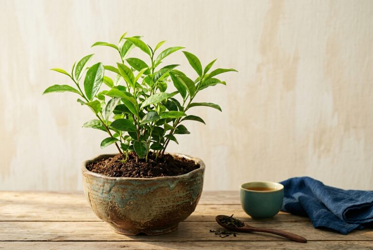 Hình ảnh minh họa ý nghĩa tên An Khang: Cây trà xanh tươi mọc trong chậu gốm thủ công mộc mạc