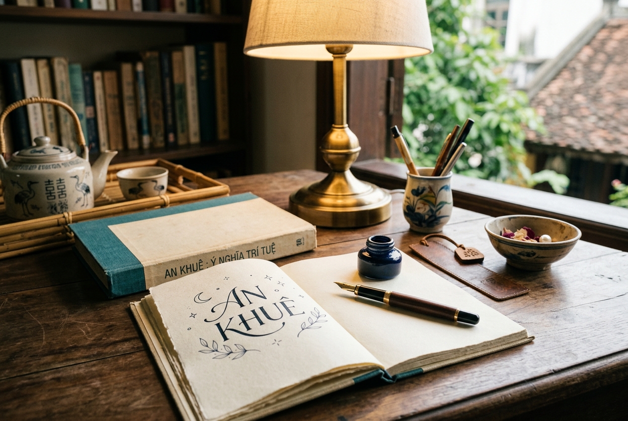 Hình ảnh minh họa ý nghĩa tên An Khuê: Một góc bàn học gỗ ấm cúng với cuốn sách mở trang nhã và chiếc đèn bàn tỏa sáng