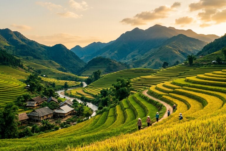 Hình ảnh minh họa ý nghĩa tên An Nam: Cánh đồng lúa chín vàng ở miền Nam Việt Nam dưới nắng chiều